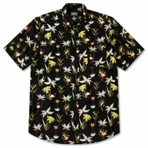 Super Massive Mens M Hawaiian Shirt Flamingo Palm Tree Rayon Tropical Button Up
